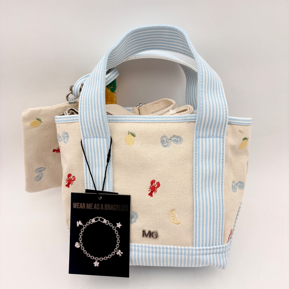 Madden Girl Nautical Canvas Mini Tote Bag Lobster Oyster Lemon Embroidery Blue - Picture 6 of 13